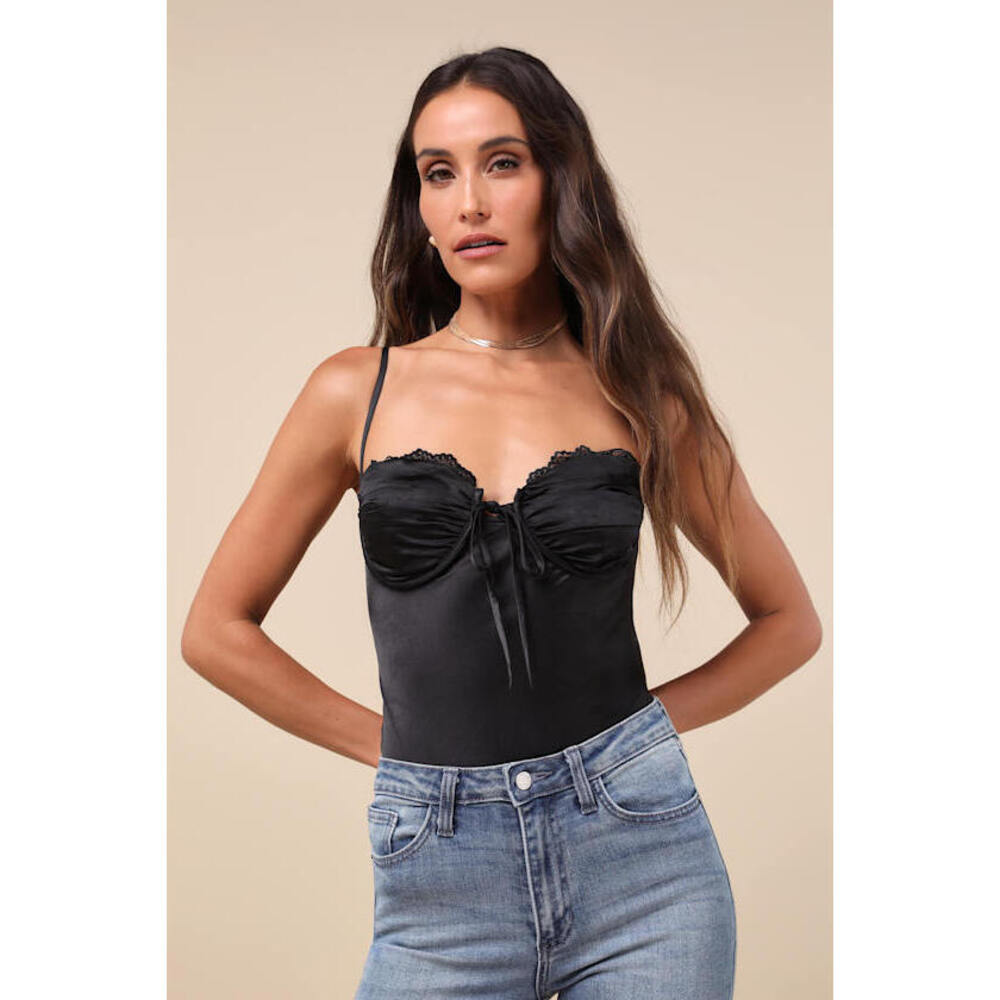 NEW Lulus Stunning Choice Black Satin Tie-front Lace Cami Bodysuit - Size XS